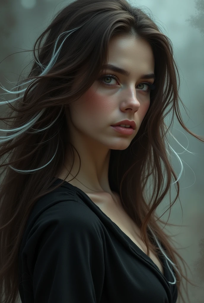 Woman with long brown hair with white streaks from behind