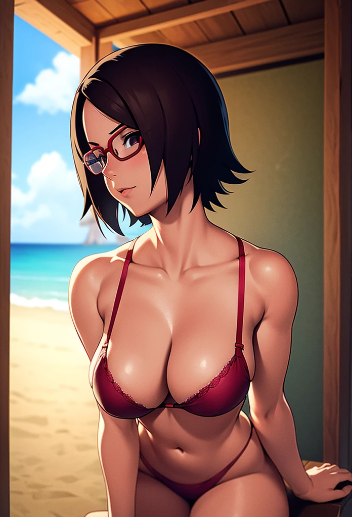 Masterpiece,Solo,1girl,Sarada Uchiha,(Boruto),Big Breasts,Pussy,Perfect Body,Sexy Body Hot,High Quality,High Resolution,Photograph 16K,Short Hair,Red Glasses,Ultra Detailed,Beautiful,Beautiful Girl,Nude,Beach Background 