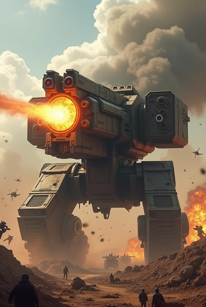A huge massacre weapon consisting of a Colt-type pistol base and a caterpillar tank attached to it runs across the battlefield, spraying fire from its muzzle.、Explosion and destruction、Blow away enemy camp、Pistol-type armored vehicle、