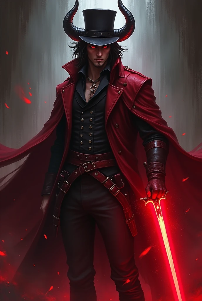 Male red mage, wearing long victorian coat with leather belts leather hat, mid long dark hair, red glowing rapier, flat horns sprouting from the sides of the neck to the sides, menacing pose