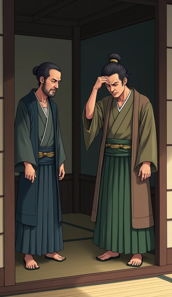 "In a dimly lit tea room, Toyotomi Hideyoshi rubs his head after hitting it on the low entrance, his face showing a mix of pain and frustration. Sen no Rikyu stands calmly nearby, observing with a serene expression.