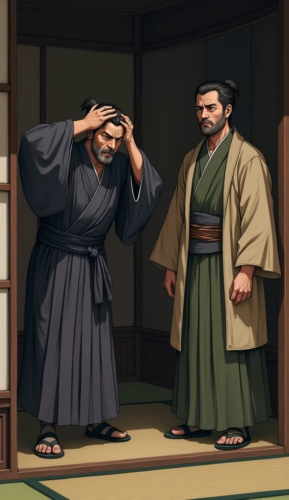 "In a dimly lit tea room, Toyotomi Hideyoshi rubs his head after hitting it on the low entrance, his face showing a mix of pain and frustration. Sen no Rikyu stands calmly nearby, observing with a serene expression.