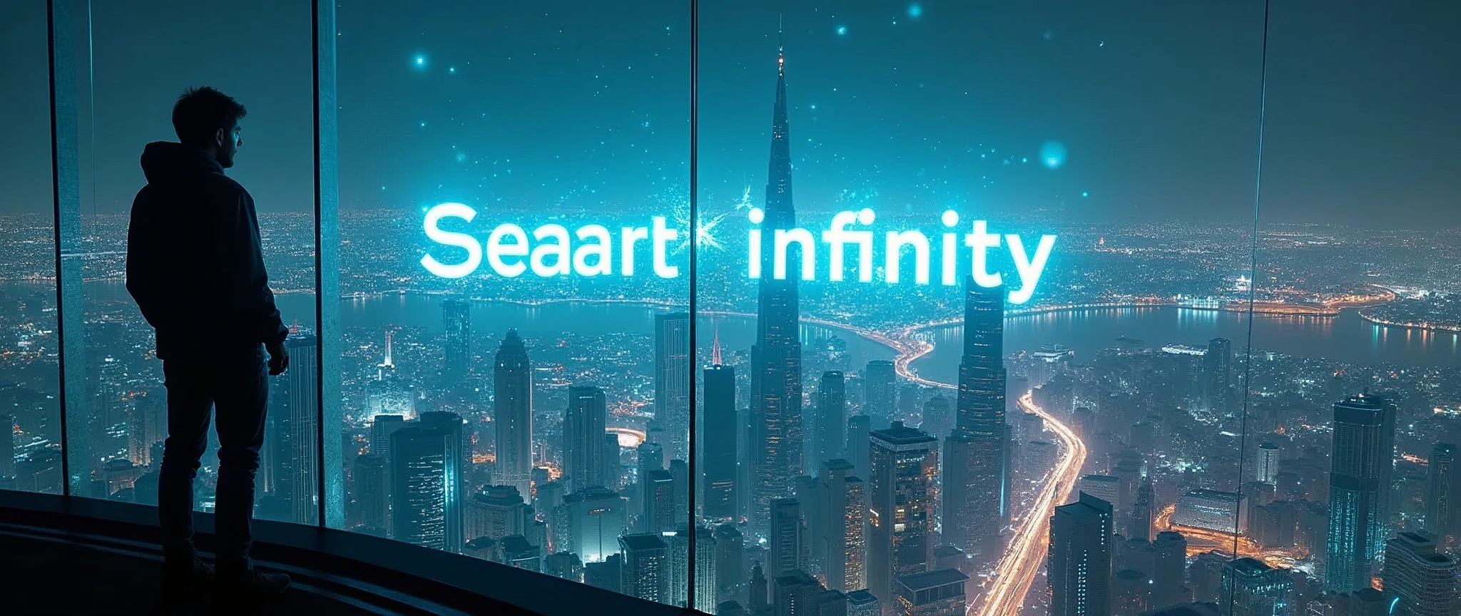 Landscape Photography,Shot from an airplane,(Holographically from a skyscraper in a futuristic city"The word Seaart infinity is projected into the night sky 2:0),(masterpiece:1.2,Highest quality,Ultra-high resolution,Very detailed,8k,Realistic,Best aesthetics),beautiful,(dynamic)