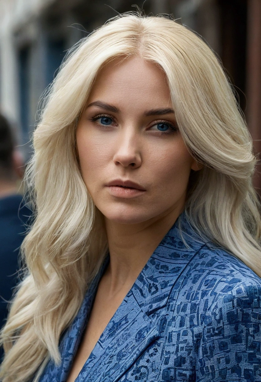 A big plan ; a woman wearing ; beautiful blue blond hair