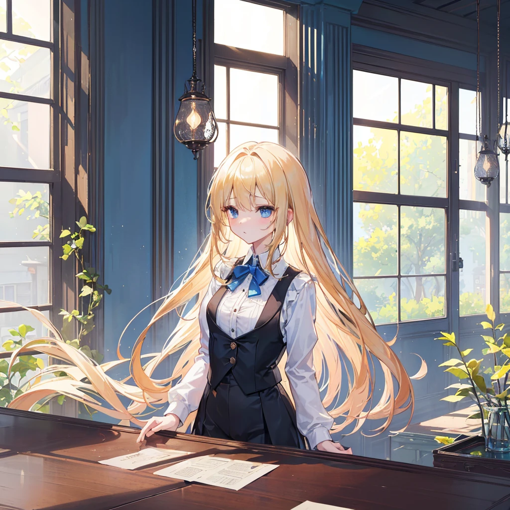 high quality、best image quality、masterpiece、with a girl((18-year-old、 White Y-shirt with open buttons、,black underwear、vest bust、bust 85、blonde、disheveled semi-long、blue eyes、open your chest wide、valley、happiness、Slender、、embarrassed face))high quality、Camera Film Style、With background((A room with beautiful sunlight))、table top、cool style、elaborate design、visual art, hands on the table