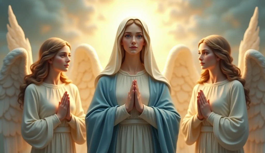 The beautiful Virgin Mary standing with her face forward in a line, with beautiful angels standing on either side.