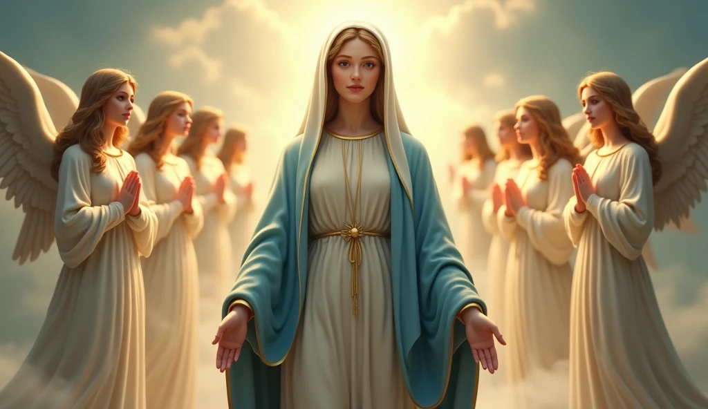 The beautiful Virgin Mary standing with her face forward in a line, with beautiful angels standing on either side.