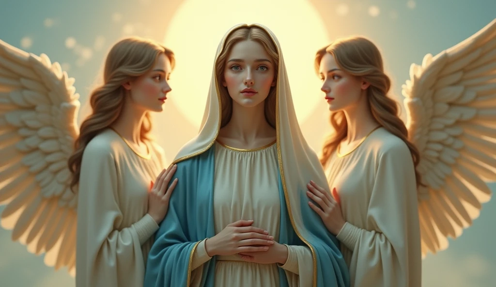 The beautiful Virgin Mary standing with her face forward in a line, with beautiful angels standing on either side.