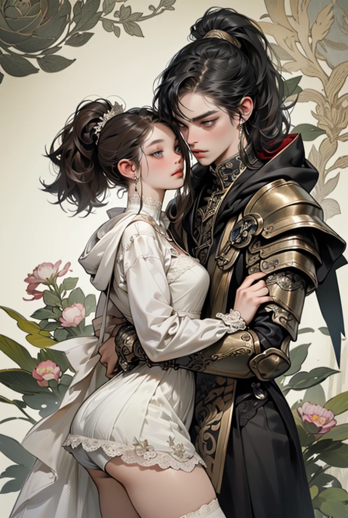 (((masterpiece, of the highest quality, super detailed))), (a witch belonging to an occult order of knights), (a knight crossed with a witch), extremely detailed cute anime face, intricate eyes,beautiful detailed eyes,symmetrical eyes,(((detailed face))),beautiful detailed lips, (((dark hair, long ponytail, thick ponytail, heavy ponytail))), (((Very sharp focused eyes))), ((small breasts)), very long eyelashes, occult aesthetic, (resolved expression), resolute expression), Victorian era inspired, ((minimal but intricate beautiful armour)), (Fluttering lace flared dress with frilly petticoats), ((Bloodbourne inspired)), (red and white clothing detailed and intricate steampunk and detailed gothic), (with a hood), thigh high flared lace stockings, complex lace boots,
