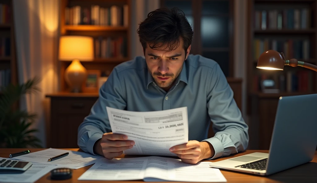 "A person sitting at a desk, surrounded by receipts, bills, and a laptop, carefully analyzing their monthly expenses with a focused expression, warm lighting from a desk lamp, ar 16:9"
