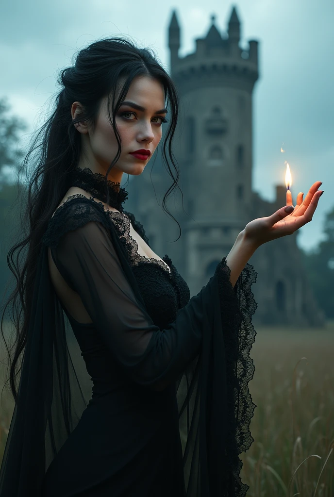 a gothic sexy witch, in front of a ruined castle, beautiful detailed eyes, beautiful detailed lips, extremely detailed face, long eyelashes, elegant dark dress, dramatic pose, moody lighting, dramatic cloudy sky, dark mysterious atmosphere, cinematic composition, photorealistic, ultra-detailed, 8k, best quality, masterpiece