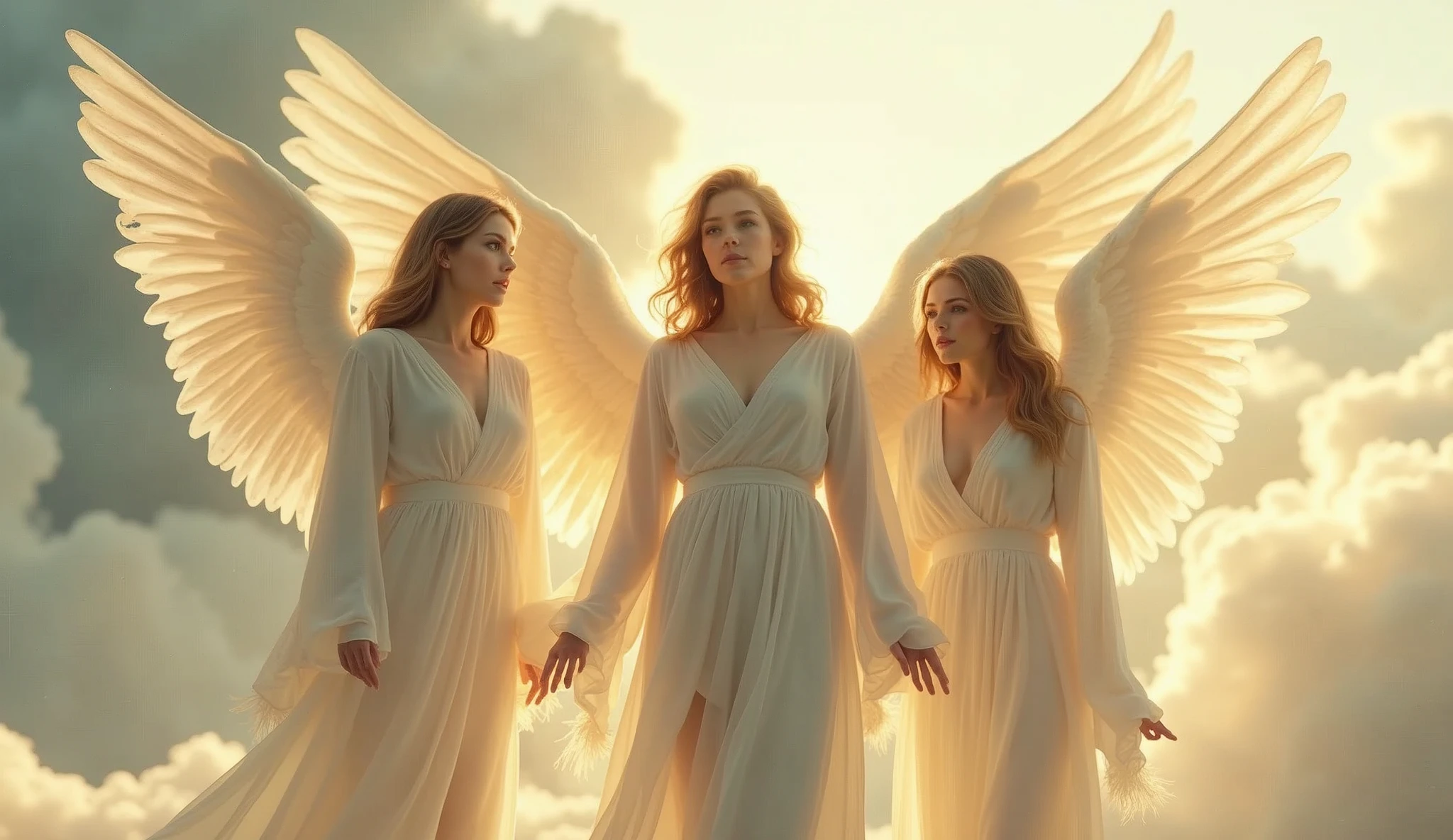 A full body image of three beautiful angels standing in a row facing forward.。