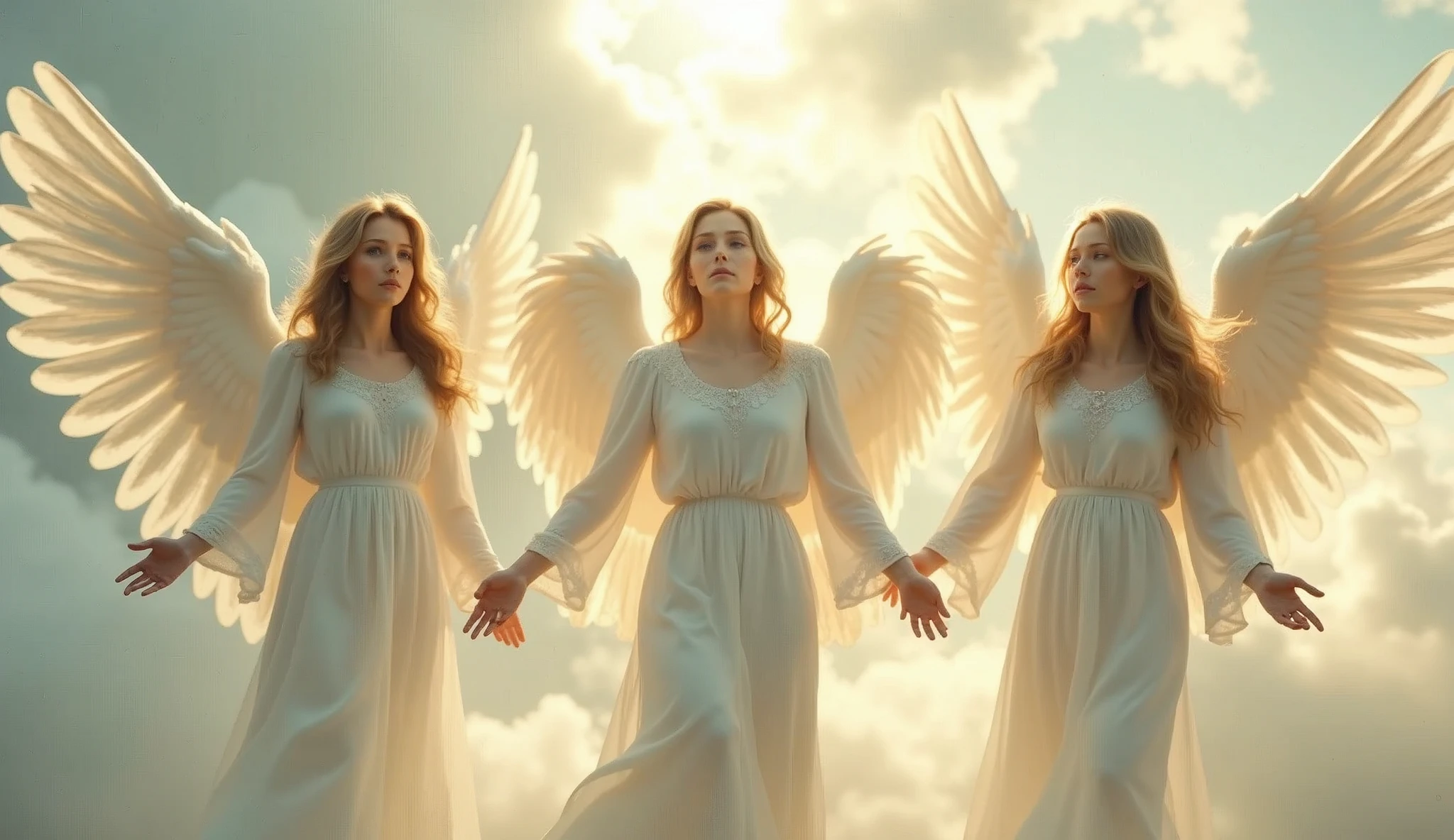 A full body image of three beautiful angels standing in a row facing forward.。