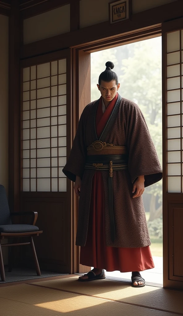 "Toyotomi Hideyoshi, with a furrowed brow, glares at the low doorway of a traditional tea room after bumping his head. The minimalist design of the room contrasts with his exaggerated reaction."