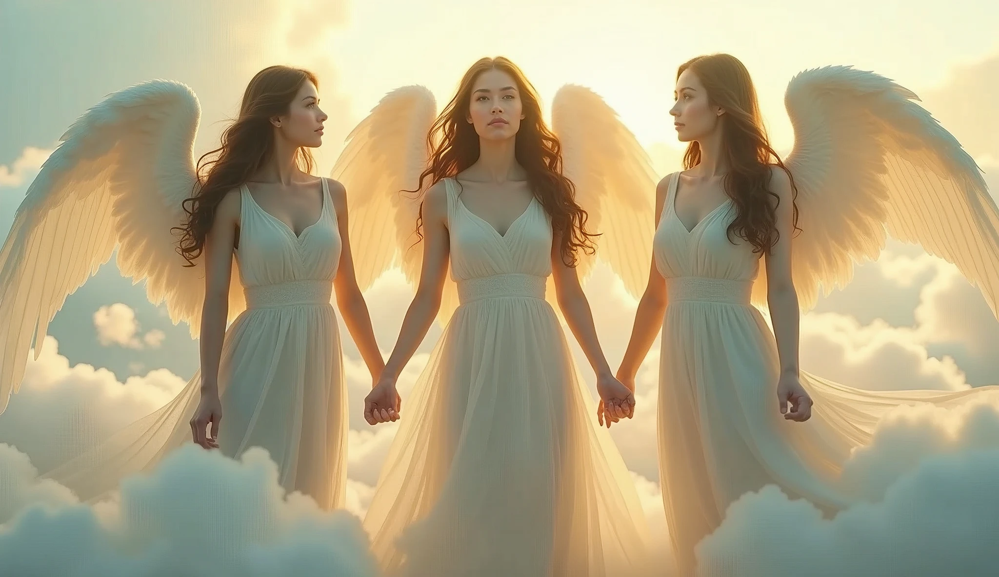 A full body image of three beautiful angels standing in a row facing forward.。