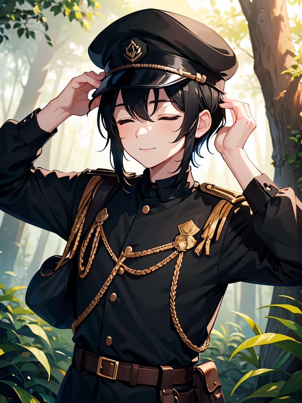 1boy,Black hair, black army uniform, in the forest,slight smile,closed eyes,Black army hat,Hands on head