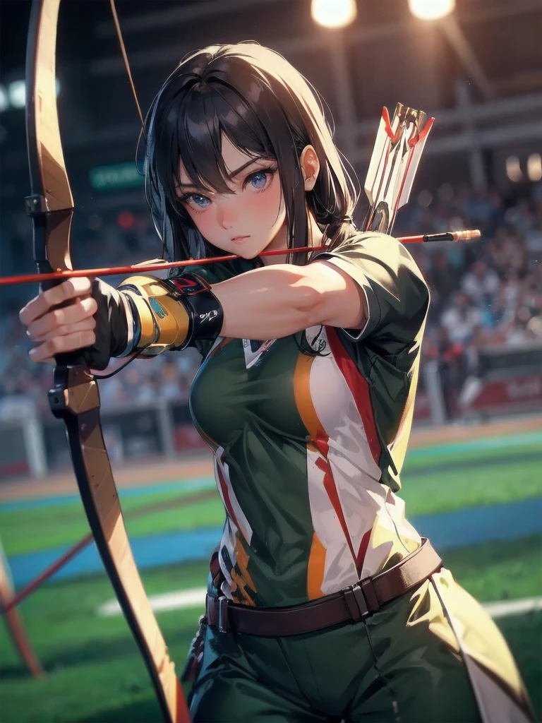 masterpiece, (textured skin), best quality, gorgeous beautiful girl, (a female archery athlete), detailed clothes,large breasts,narrow waist,, (beautiful face), cinematic lighting, (at archery venue ),