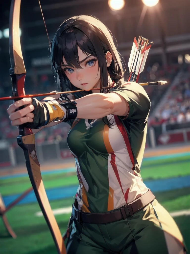 masterpiece, (textured skin), best quality, gorgeous beautiful girl, (a female archery athlete), detailed clothes,large breasts,narrow waist,, (beautiful face), cinematic lighting, (at archery venue ),