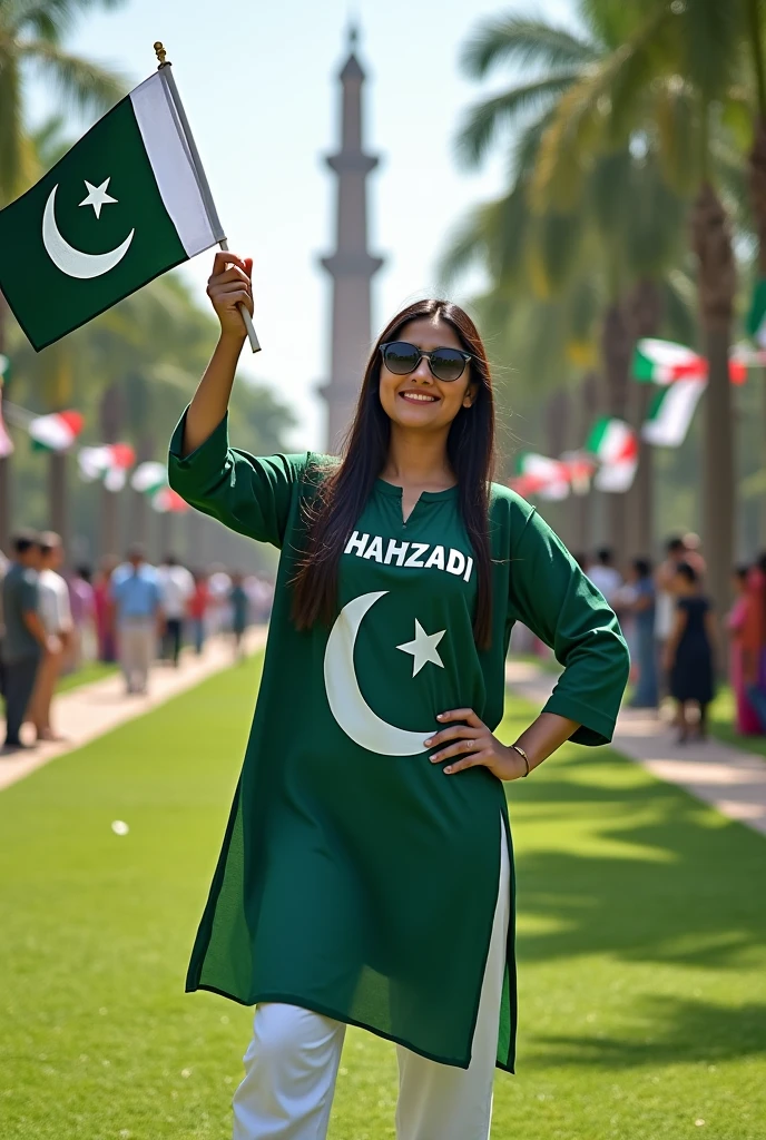 A real20"years old girl, Wearing green frock and white trozar_ sneakers and the name “  laiba is written on frock and the boy is standing on the road with holding a national flag of Pakistan and behind him is the Lahore And written on sky “Independence Day” Create Realistic image high quality..