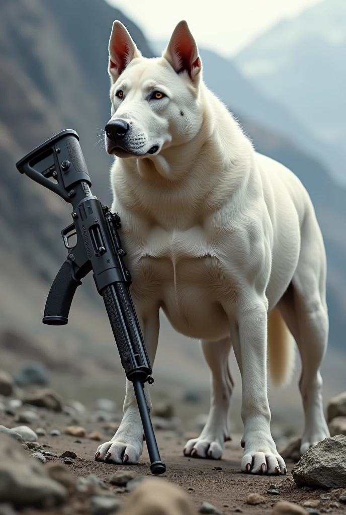 Strong plush white bull terrier with rifle