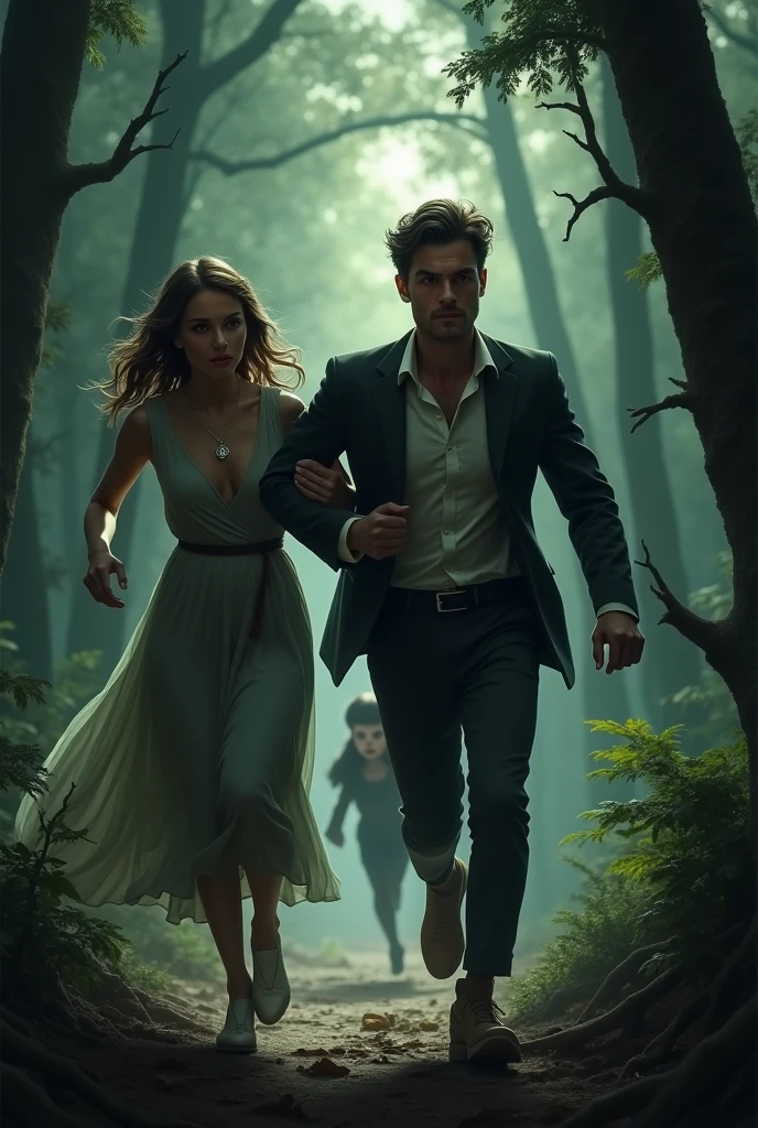 A handsome man and a woman is wearing a pendant are running with the background of a forest and shadowy man is holding a girl doll.