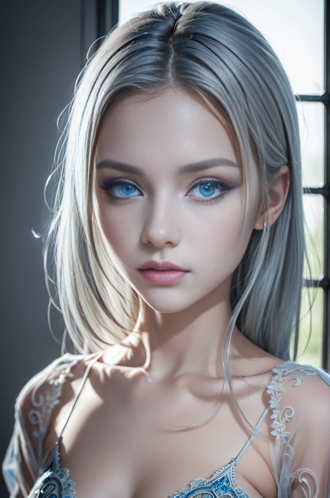 8k, (full body shot:1.2), 20-year-old European girl, raw, Beautiful woman, (straight gray hair), (intricate, sheer, transparent, translucent,(no clothes:1.2)), intricate, beautifull face, elegant, highly detailed, digital hyperrealistic photography, hyperrealistic photography filigree, shyness, most beautyfull face, (masterpiece, sidelighting, (finely detailed beautifull blue eyes: 1.2)),