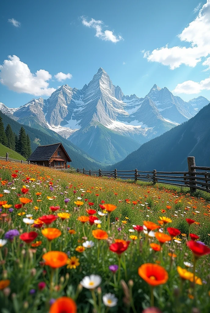 The image is a landscape photograph of a beautiful mountain range. The sky is blue with white clouds scattered across it. The mountains are covered in snow and the peaks are visible in the distance. In the foreground, there is a field of wildflowers with a wooden fence in the center. The flowers are in various colors, including red, orange, yellow, and white, and are scattered throughout the field. There is a small cabin in the background, and the overall mood of the image is peaceful and serene.4k realistic