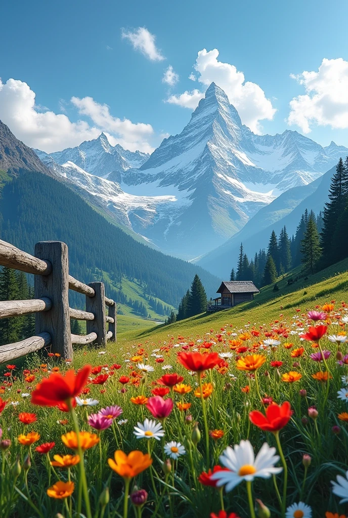 The image is a landscape photograph of a beautiful mountain range. The sky is blue with white clouds scattered across it. The mountains are covered in snow and the peaks are visible in the distance. In the foreground, there is a field of wildflowers with a wooden fence in the center. The flowers are in various colors, including red, orange, yellow, and white, and are scattered throughout the field. There is a small cabin in the background, and the overall mood of the image is peaceful and serene.4k realistic