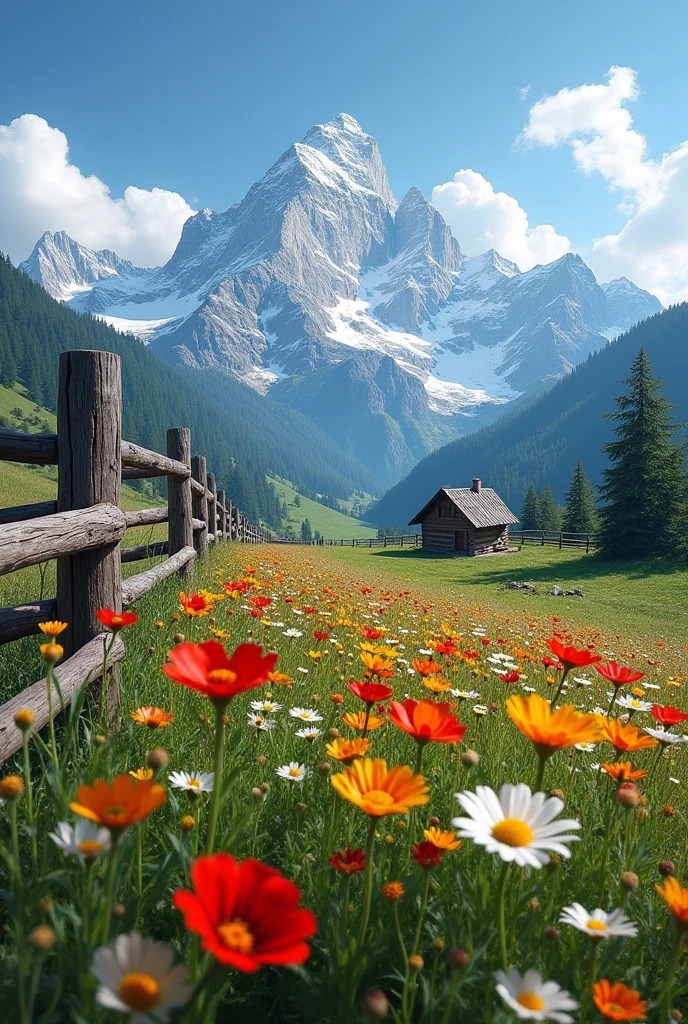 The image is a landscape photograph of a beautiful mountain range. The sky is blue with white clouds tered across it. The mountains are covered in snow and the peaks are visible in the distance. In the foreground, there is a field of wildflowers with a wooden fence in the center. The flowers are in various colors, including red, orange, yellow, and white, and are scatd throughout the field. There is a small cabin in the background, and the overall mood of the image is peaceful and serene.4k realistic 