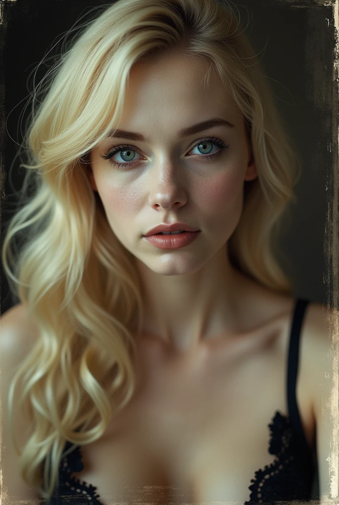 A close up photo of blond woman, with an onion-like face with white skin when you press it it turns light red, long ondulating hair, big breast, black lace bra, Victorian era, Victorian style photography, anthotype print