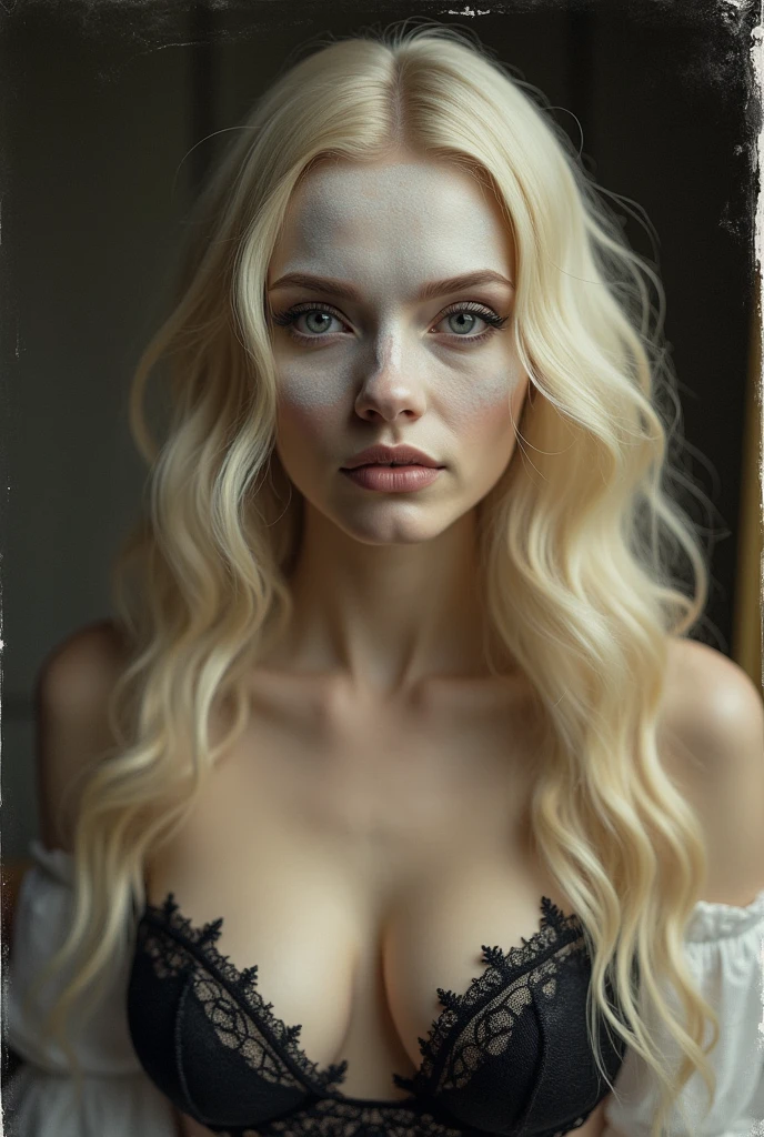 A close up photo of blond woman, with an onion-like face with white skin when you press it it turns light red, long ondulating hair, big breast, black lace bra, Victorian era, Victorian style photography, anthotype print