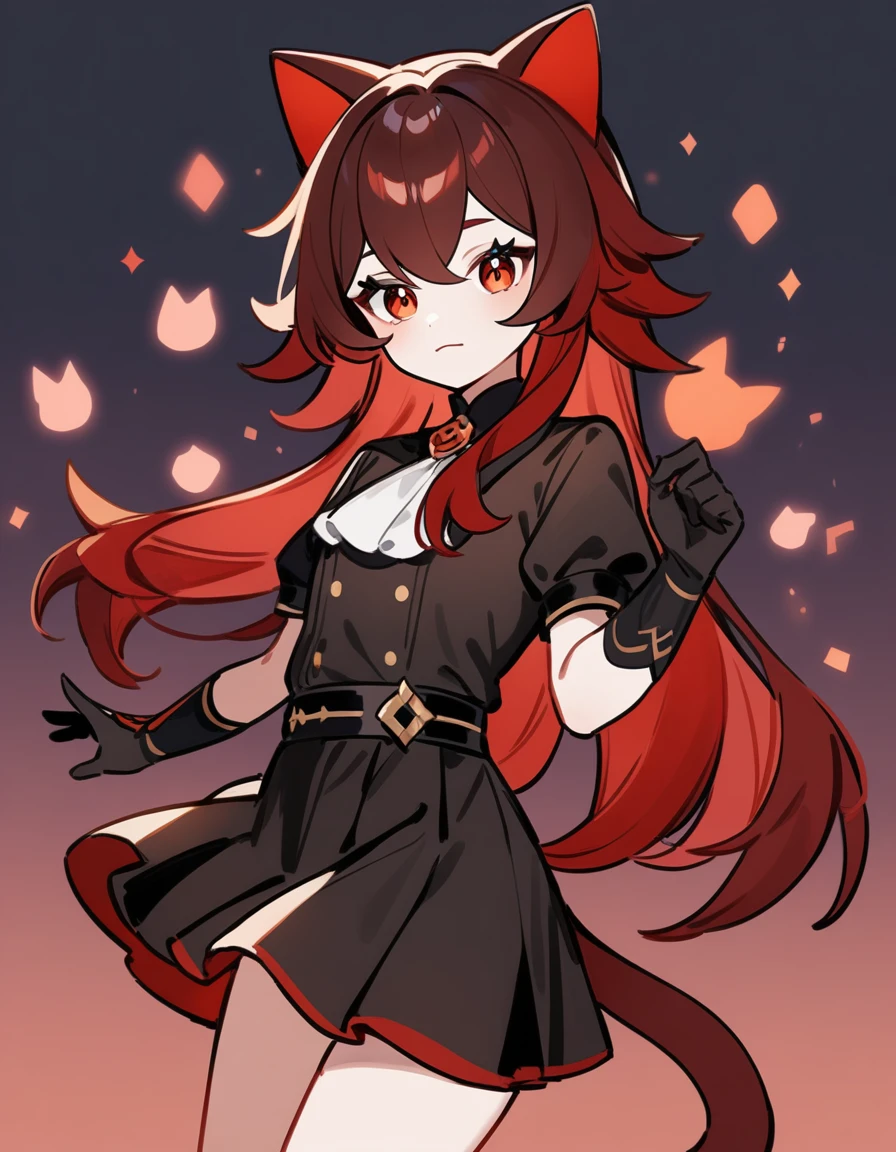 The cat is a girl, long red hair, black bangs, and the skirt and top are black, the tail is red and black, genshin impact