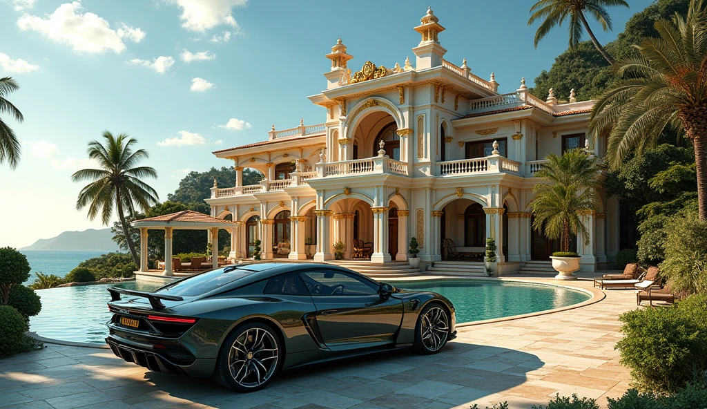 luxury home with a luxury car parked in front of it, sea, luxury pool, luxury lifestyle, luxurious environment, luxury architecture, rich house, huge mansion, rich style, luxury and elite, extremely opulent, luxurious, hyper luxurious, majestic masterpiece, wealthy, luxury, stunning grand architecture, exquisite masterpiece, flaunting his wealth, inside a grand, architectural masterpiece