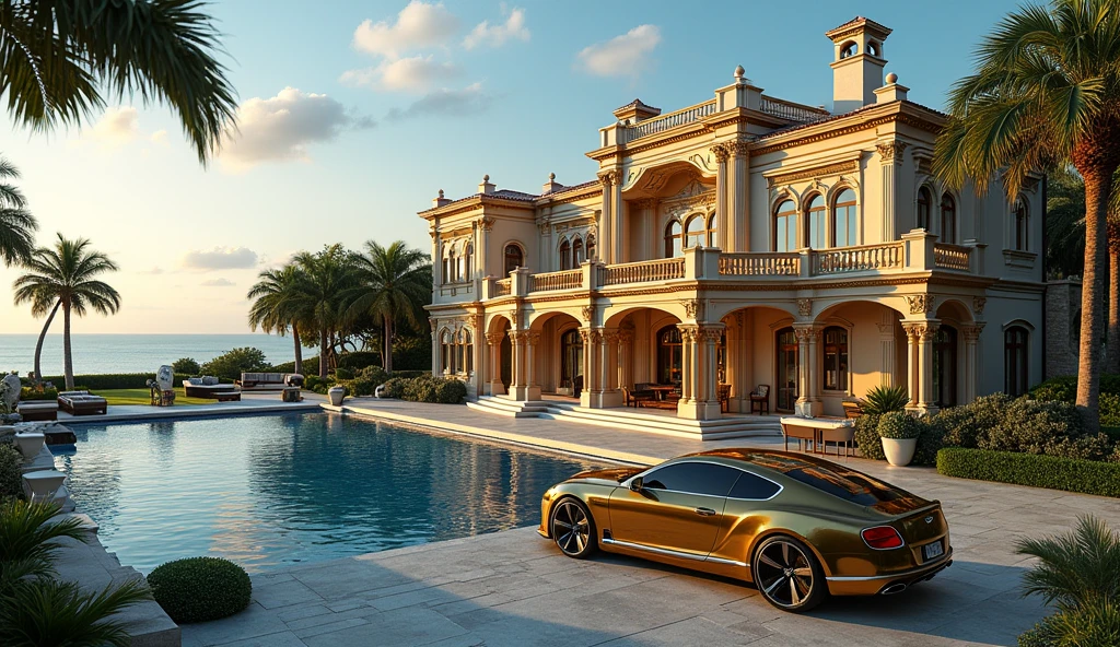 luxury home with a luxury car parked in front of it, sea, luxury pool, luxury lifestyle, luxurious environment, luxury architecture, rich house, huge mansion, rich style, luxury and elite, extremely opulent, luxurious, hyper luxurious, majestic masterpiece, wealthy, luxury, stunning grand architecture, exquisite masterpiece, flaunting his wealth, inside a grand, architectural masterpiece