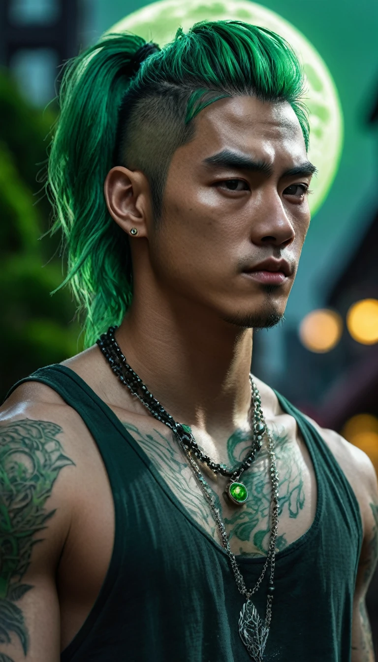 ((Half-body)), male werewolf, half human, half wolf, extremely handsome, (((green hair))),, muscular, tattooed, wearing a necklace, high ponytail, gangster style, romantic, Hong Kong cinema. Eyes filled with sadness and longing. Cinematic light, high detail, 8k, artstation, artistic concept, any virtual darkness. Photo taken with Canon EOS R5 85mm f/11 camera, ((sharp)) mode. Image quality ((8K)), ((realistic)), ((masterpiece)), ((sharpest and highest contrast)), ((excellent depth of field)), ((stereoscopic light)), detailed pore defect, ((looking straight at the camera)). The background is a (((bright moonlit sky))), the moon is round, big, strangely bright, the sky is cloudy, creating a ghostly feeling. The trees look like ancient trees, covered in dew, covered with moss and rotting.