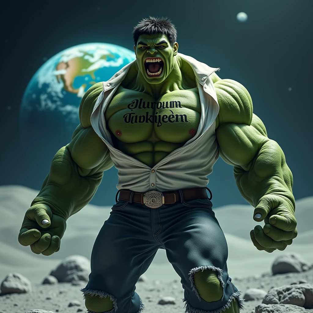 A terrifyingly screaming Hulk tearing off his t-shirt. Hulk should have a tattoo on his chest that says 'Ölürüm Türkiyem.' The background should be a view of Earth from space, with Hulk standing on the Moon. I want a very realistic photo in 4K quality.