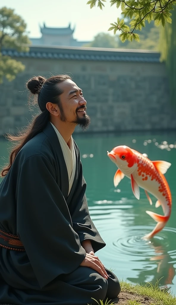 "By a tranquil pond within the castle grounds, Toyotomi Hideyoshi watches with tears of joy as a majestic koi fish leaps back into the water. His face glows with happiness and relief, the castle walls in the background."