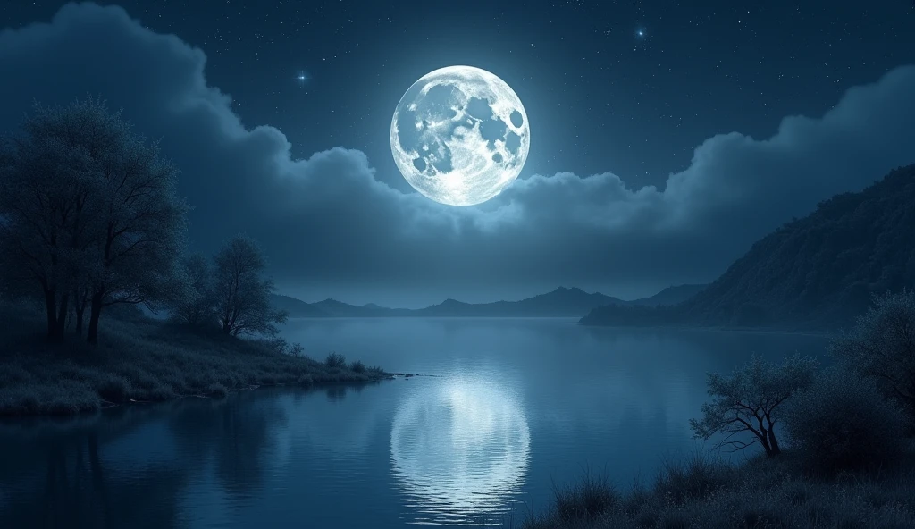 ((wallpaper)) ((4K)) ((masterpiece))A peaceful and peaceful night, Bathed in silvery radiance. A harmonious scene of the moon delicately reflected in calm water. Twinkling stars dot the dark sky, casting a magical ambiance. The surrounding nature is shrouded in a light, mysterious mist.. Bring your imagination to life with this night painting full of serenity and peace.