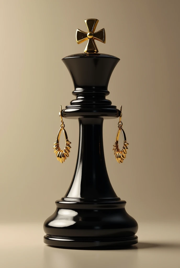 /imagine prompt: A chess piece, specifically the queen, elegantly adorned with a pair of stylish golden earrings. The piece should have a sophisticated and luxurious appearance, blending realism with artistic flair. The design should feature rich gold and black tones, with a minimalistic background to keep the focus on the chess piece and its accessories. The overall look should reflect elegance and high-end fashion suitable for a semi-joias brand --ar 4:5 --q 2
