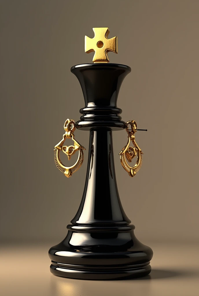 /imagine prompt: A chess piece, specifically the queen, elegantly adorned with a pair of stylish golden earrings. The piece should have a sophisticated and luxurious appearance, blending realism with artistic flair. The design should feature rich gold and black tones, with a minimalistic background to keep the focus on the chess piece and its accessories. The overall look should reflect elegance and high-end fashion suitable for a semi-joias brand --ar 4:5 --q 2
