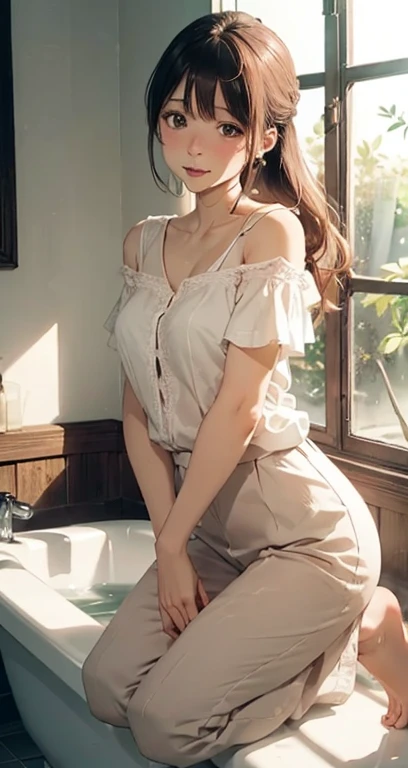 8K images, Highest quality, masterpiece, Realistic, Realistic, High resolution, maroon, Shoulder-length wavy bob hair、Ray Tracing, 1 sexy woman, , Shapely breasts,,(((Japanese middle-aged woman))) , (View your viewers)、Show off your thighs、charm、sexy、Spread your legs、The body was facing forward、Crisp white shirt、