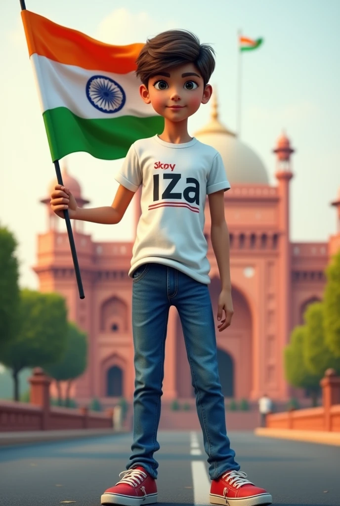 Generate a Realistic 18 years old girl , Wearing White T shirt blue jeans sneakers and the name "fiza " is written on his t-shirt and the boy is standing on the road with holding a national flag of India, and behind him is the Red Fort Delhi. And written on sky "Independence Day" Create Realistic image high quality