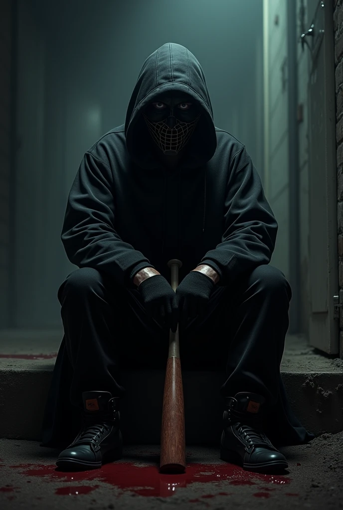 Young man wearing black colour jacket and pant and boots wearing full face covered unique black colour mask sitting holding baseball bat in a night bloody 