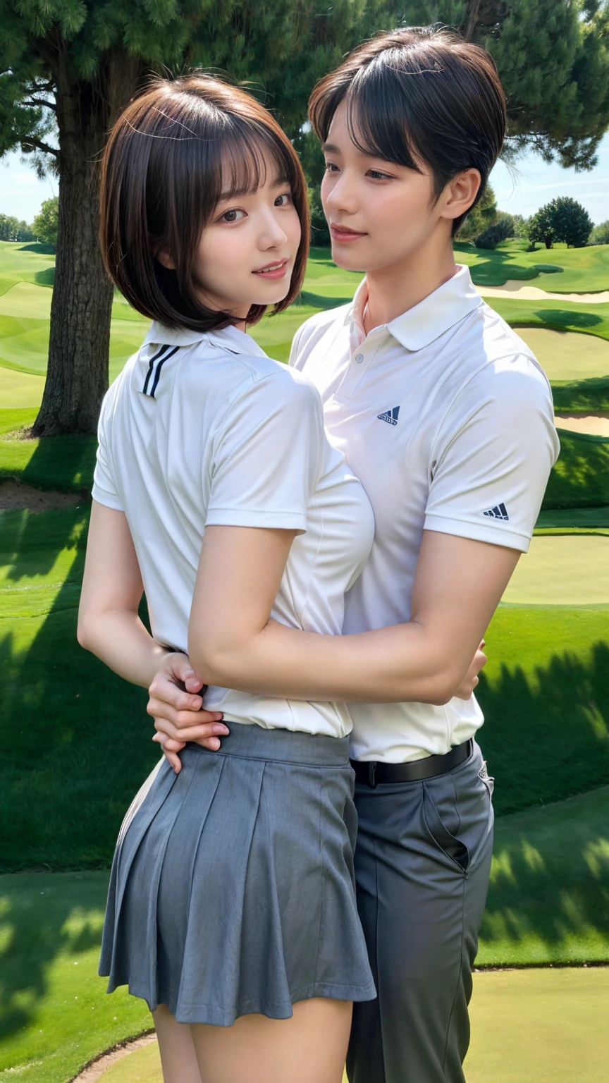 1 young office lady being hugged from back by 1 man:1.2,close to each other:1.1), (man's hand touching her breast:1.1),very cute face,bob cut,white skin-tight golf uniform,embarrassed,golf course,perfect anatomy, masterpiece, best quality,8k,perfect face,from front,upper body