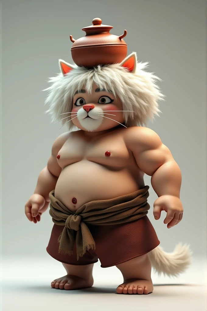 The Roblox character has messy white hair, a cat face, a pot on their head like a monk, and big muscles.