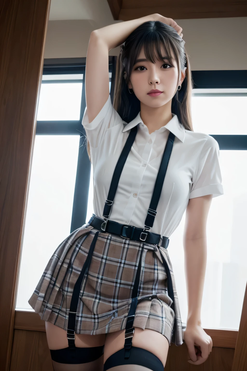 1 female, , high quality, masterpiece, Ultra-high resolution, Cinema Lighting, 1 female, , high quality, masterpiece, Ultra-high resolution, , Cinema Lighting, suspenders Moderate breasts Small face Looking up Sweat Thin belt buzzer 脇Sweat garter belt Belt on pants holster Hands behind your back Looking up Anxious face Knee-high Knee socks Knee-highソックス garter ふとももにgarter belt Checkered mini skirt Panty shot Skirt gap Armament holster holster Hands behind your back Anxious expression Anxious face, legs apart Armament Leg Holster holster See-through clothing heavy rain Rain-soaked dress shirt,Moderate breasts ガーターbelt suspenders Garter on the thigh Checkered mini skirt Looking up Pause belt Armpit sweat Hands behind back Raise your hands