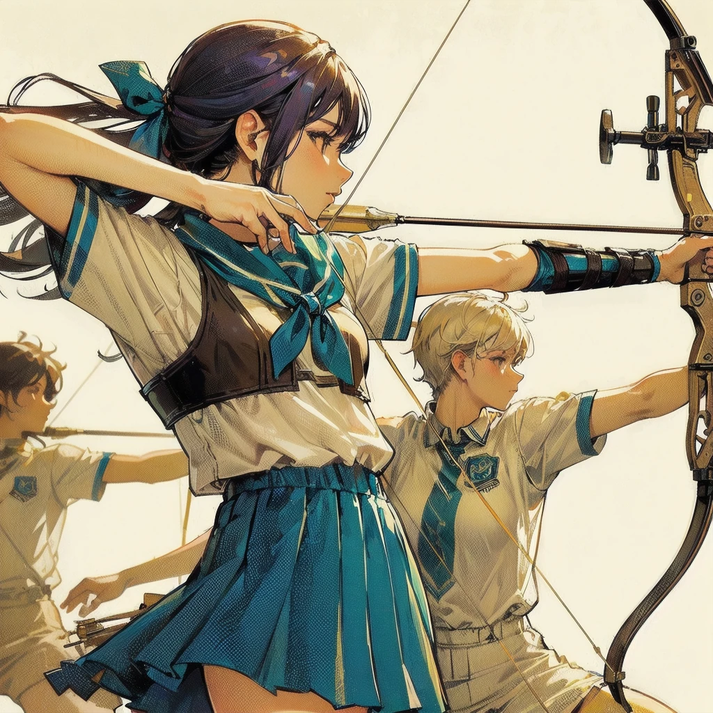 masterpiece, (textured skin), best quality, gorgeous beautiful girl, (a female archery athlete), detailed clothes,large breasts,narrow waist,, (beautiful face), cinematic lighting, (at archery venue ),