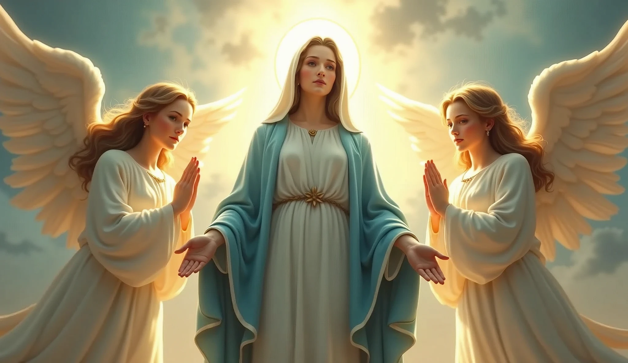 The beautiful Virgin Mary standing with her face forward in a line, with beautiful angels standing on either side.