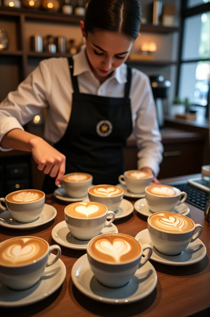 Barista with 10 cups of latte art with hearts