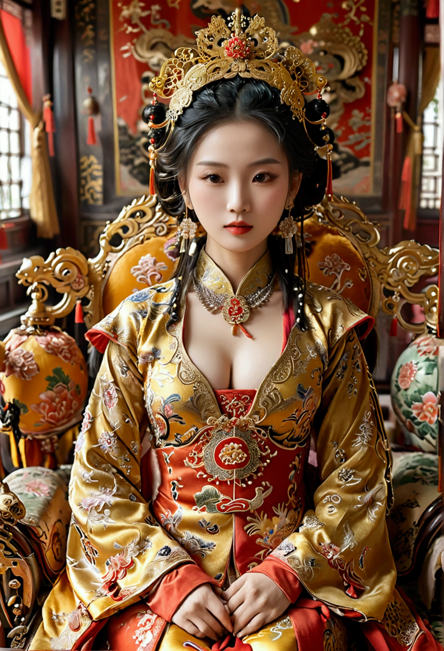 A gorgeous empress of the Chinese court during the Qing Dynasty, naked with big breasts on a golden sofa, spreading one's legs open wide with knees bent,creating the shape of the letter M(Porn Pose) A gorgeous Chinese imperial empress with her hair tied on both sides and wearing a crown、Background of kinky and erotic woman tying her hair、The story is set in the luxurious rooms of an empress in the Chinese imperial court during the Qing dynasty.。